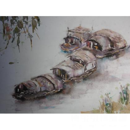 Chaurjen Wu 桂林漓江上的船屋 类别: 水粉画|水彩画X
